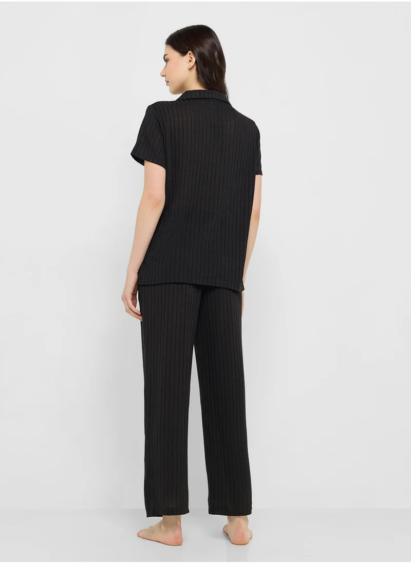 Ginger Textured Button Down Shirt & Pyjama Set