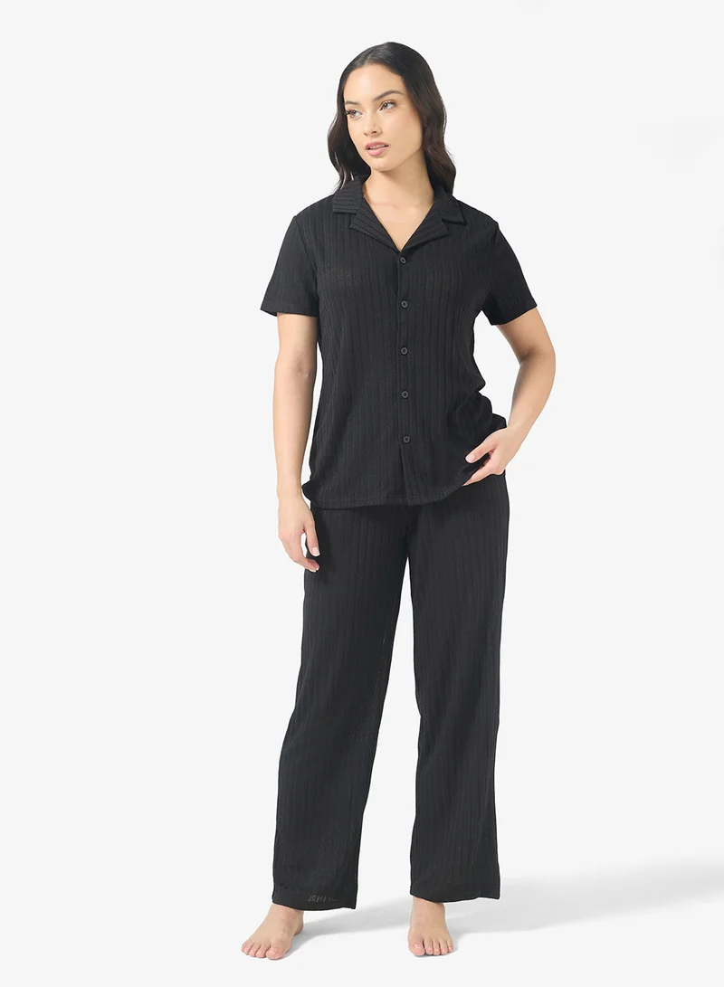 Ginger Textured Button Down Shirt & Pyjama Set