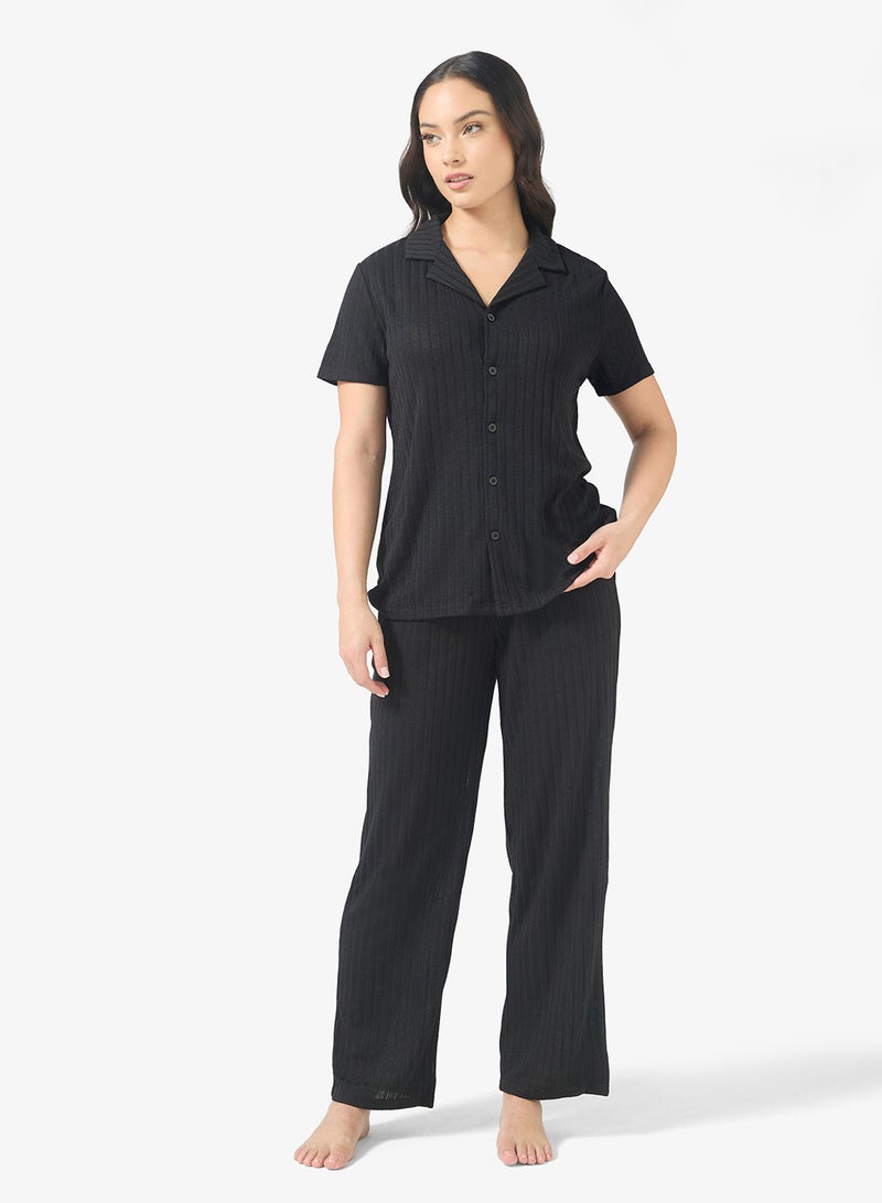 Ginger Textured Button Down Shirt & Pyjama Set - Image 1