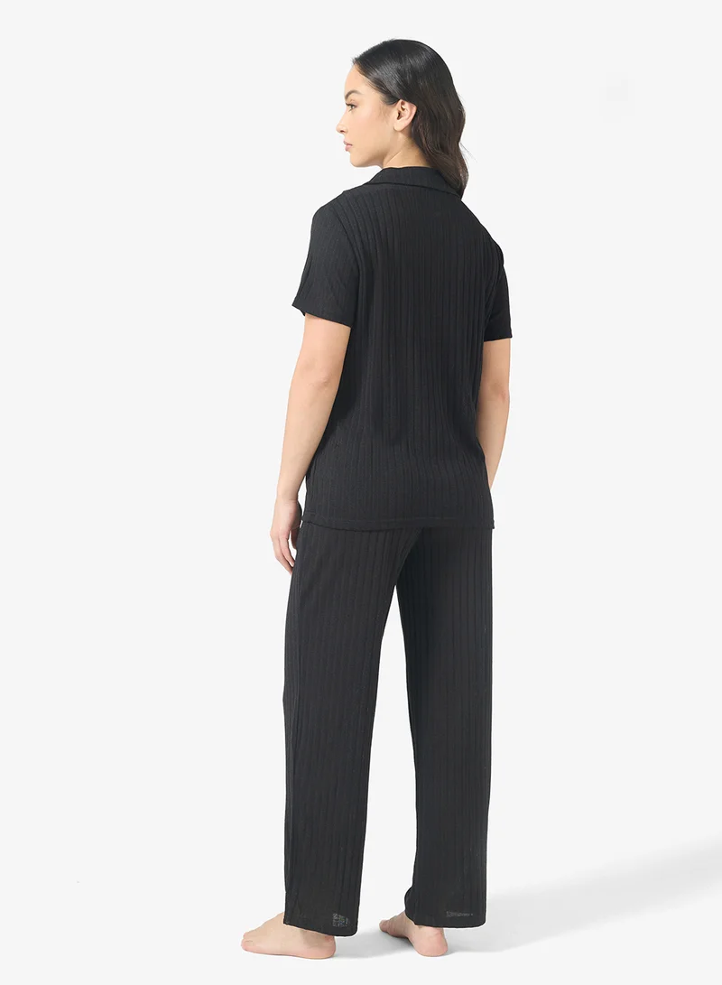 Ginger Textured Button Down Shirt & Pyjama Set