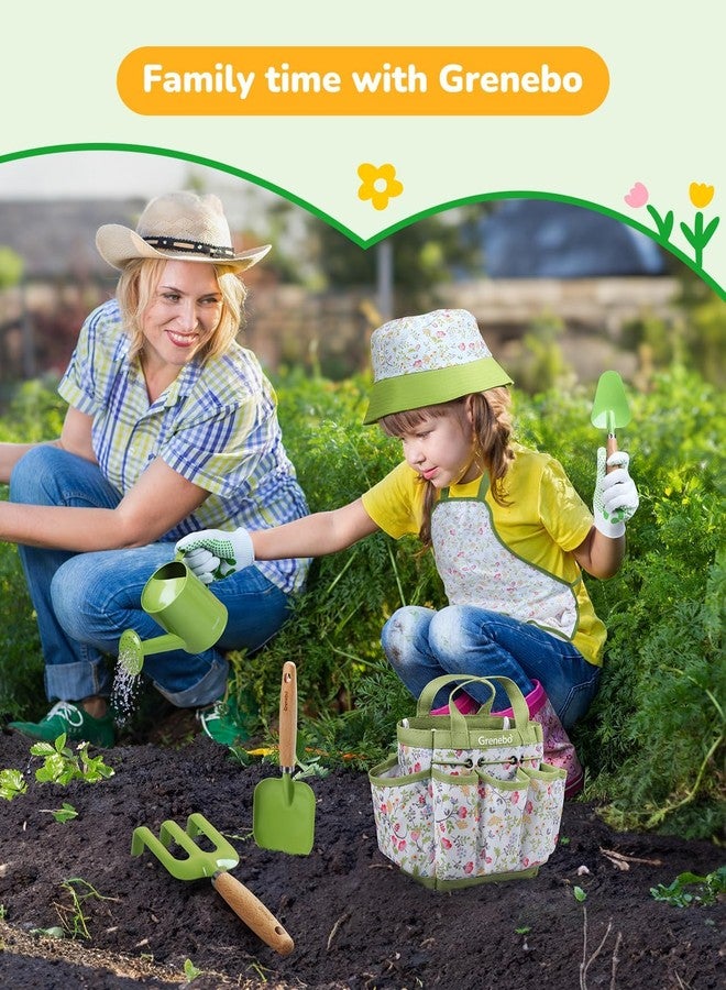 Grenebo -Kids Garden Toy - Includes Metal Trowel, Plant Shovel, Garden Hat, Rake, Apron, Gloves, Watering Can and Tool Bag (Green) - Image 4
