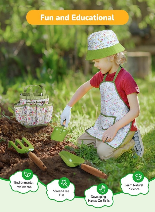 Grenebo -Kids Garden Toy - Includes Metal Trowel, Plant Shovel, Garden Hat, Rake, Apron, Gloves, Watering Can and Tool Bag (Green) - Image 5