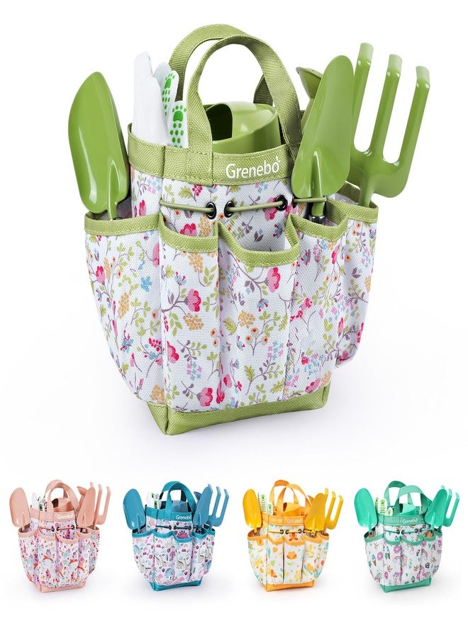 Grenebo -Kids Garden Toy - Includes Metal Trowel, Plant Shovel, Garden Hat, Rake, Apron, Gloves, Watering Can and Tool Bag (Green) - Image 1