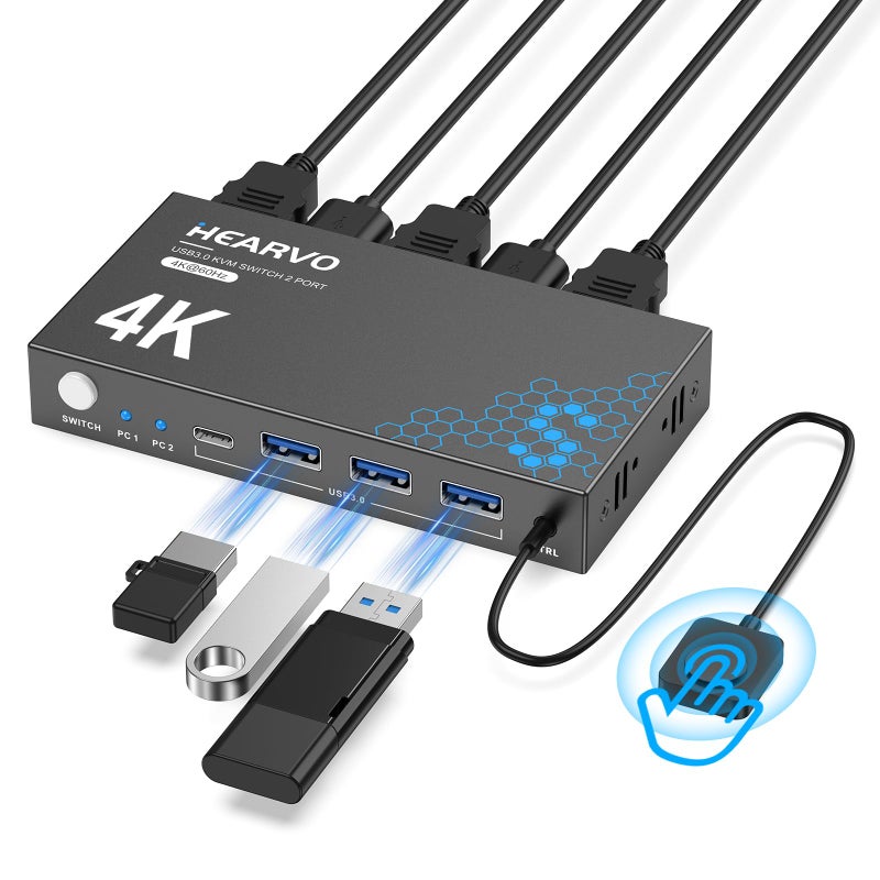 Hearvo USB 3.0 HDMI KVM Switch 1 Monitors 2 Computers, 4K@60Hz KVM Switches for 2 Computers Sharing Monitor Keyboard Mouse Hard Drives Printer, with EDID Adaptive, 2USB Cable and Controller -S7232H - Image 1