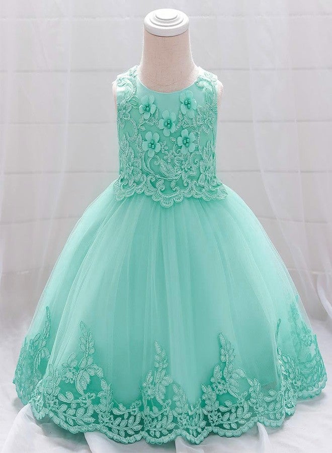 OBEEII Baby Girls Christening Dress Toddler Baptism Gown Wedding Flower Girl Dress First Communion Pageant Tutu Dress Birthday Photoshoot Cake Smash Tulle Dress Light Green-3D Flower 6-12 Months - Image 3