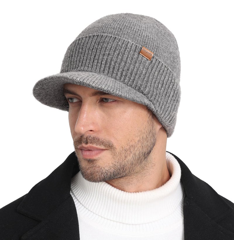 Wmcaps Mens Winter Beanie with Brim - Fleece Lined Thermal Knit Visor Hat for Cold Weather Gray - Image 1