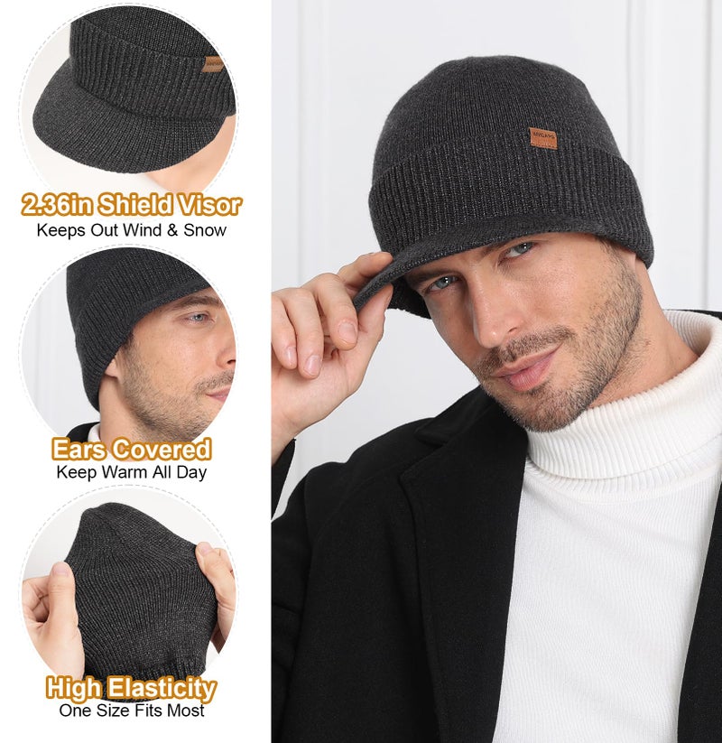 Wmcaps Mens Winter Beanie with Brim - Fleece Lined Thermal Knit Visor Hat for Cold Weather Gray - Image 3
