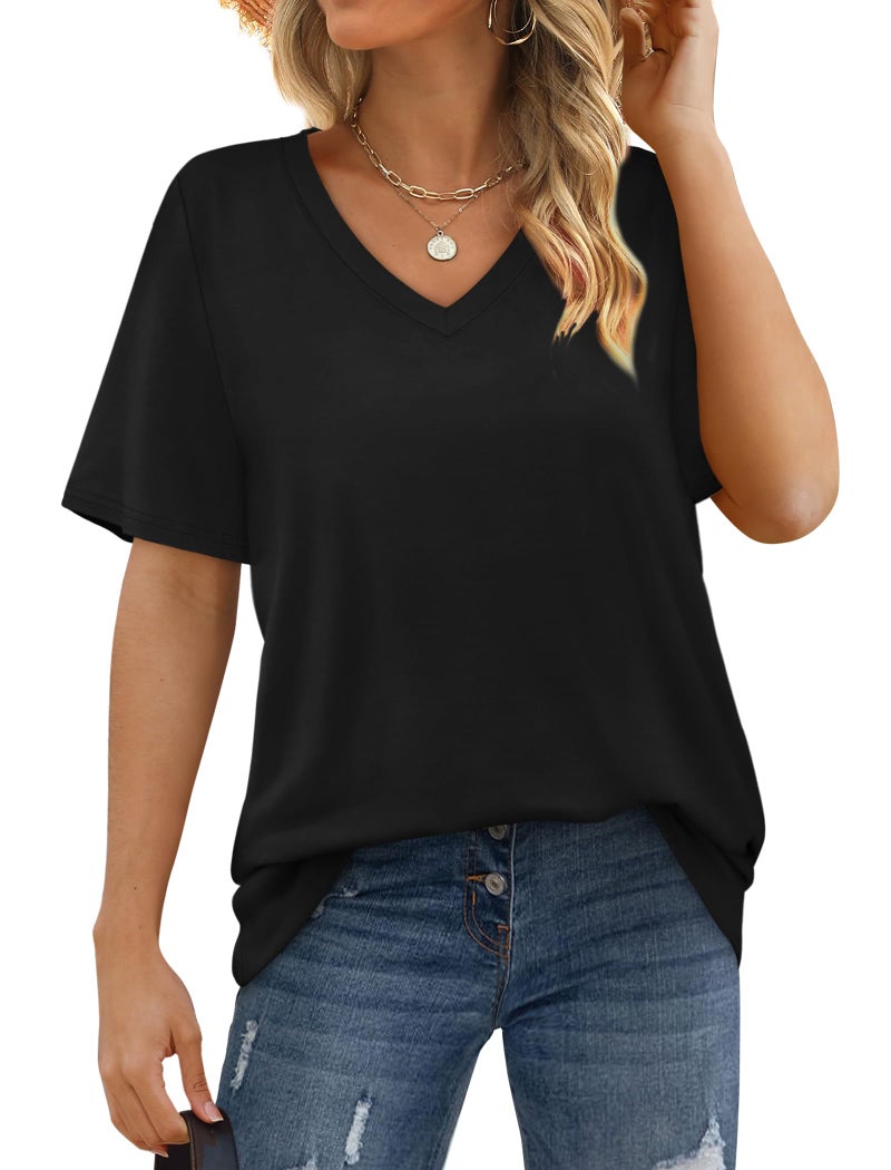 Aokosor T Shirts for Women Loose Fit Summer Tops Trendy Short Sleeve Shirts Plus Size Black 4XL - Image 3