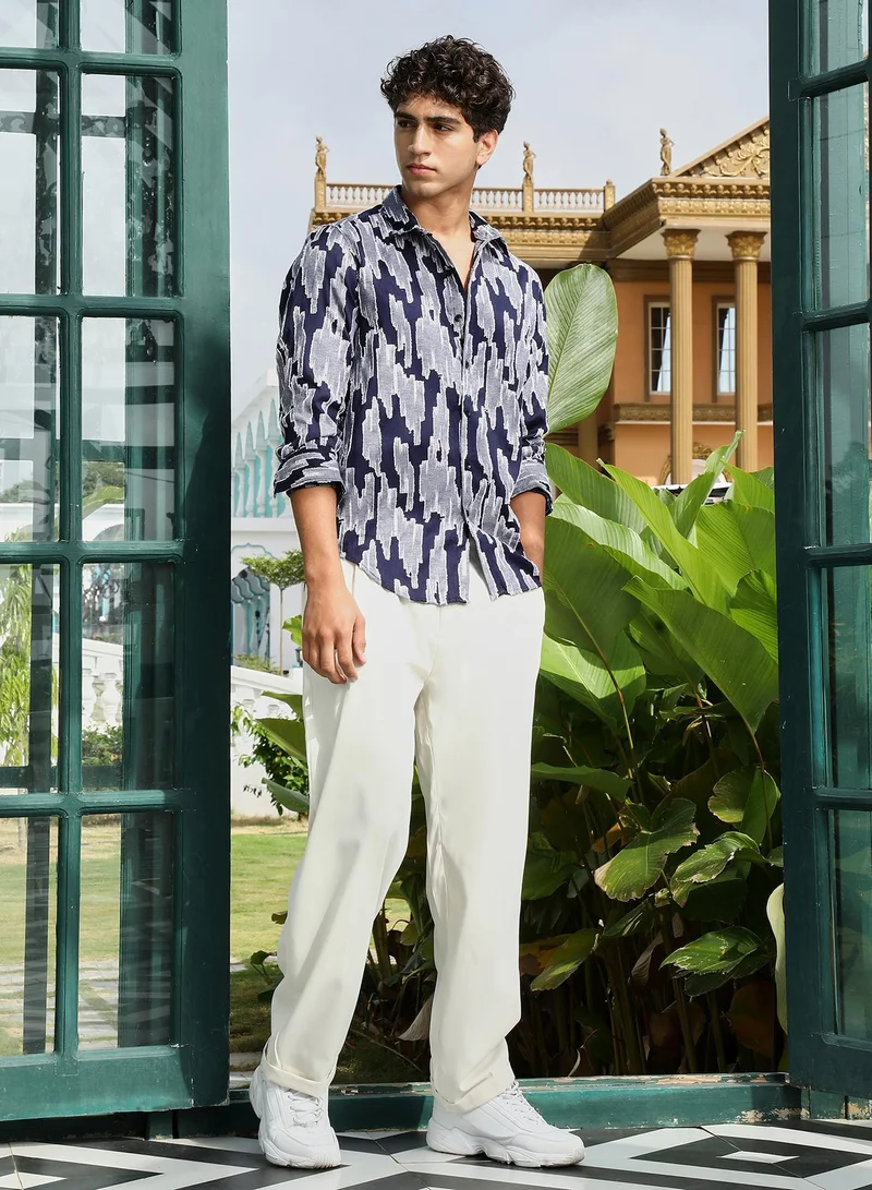 CAHOOT  Men's Navy Blue Contrast-Abstract Jacquard Shirt for Men | Best Price UAE