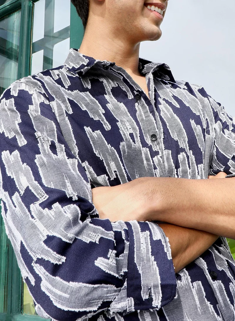 CAHOOT  Men's Navy Blue Contrast-Abstract Jacquard Shirt for Men | Best Price UAE
