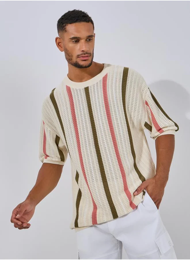 Styli Premium Cotton Striped  Knit Relaxed T-Shirt