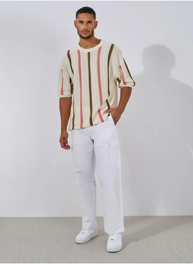 Styli Premium Cotton Striped  Knit Relaxed T-Shirt