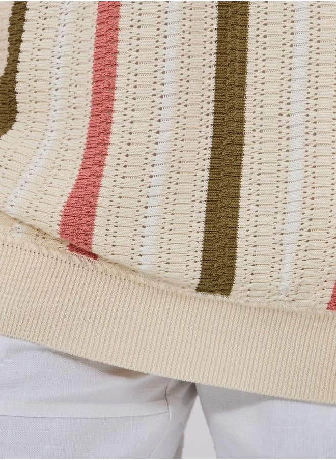 Styli Premium Cotton Striped  Knit Relaxed T-Shirt