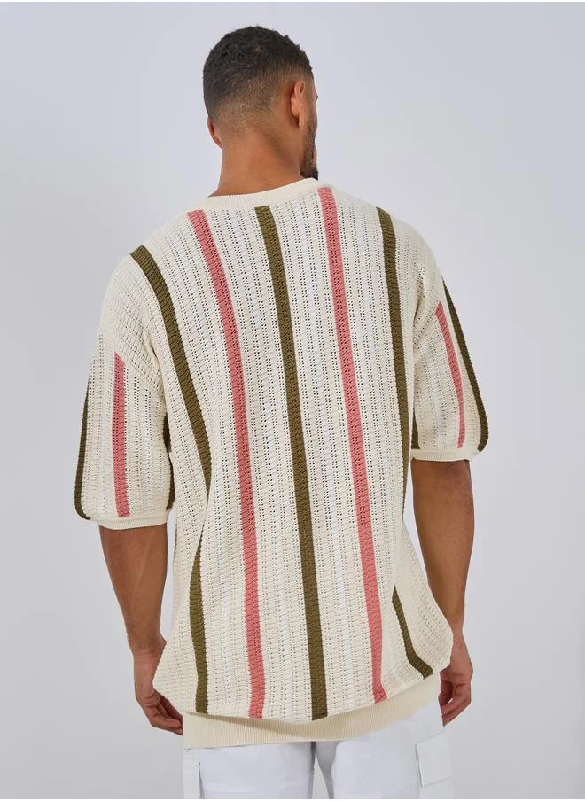 Styli Premium Cotton Striped  Knit Relaxed T-Shirt