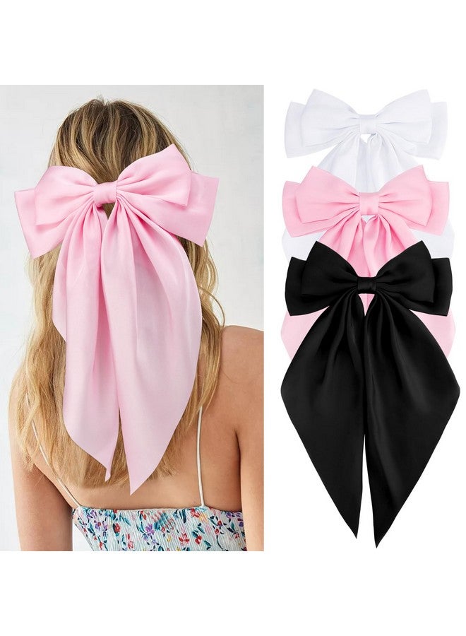 فيلسكرون فيونكات شعر فيلسكرن للنساء والفتيات، 3 قطع، أبيض، وردي، أسود، ساتان حريري، فيونكات شعر كبيرة، مشابك شعر كبيرة، ذيل طويل، فيونكات شعر كبيرة، إكسسوارات - Image 1