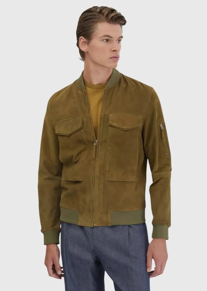 رامسي معطف جلدي كاجوال بلون أخضر زيتي، بقصة عادية، بياقة سلحفاة، مناسب للارتداء اليومي.