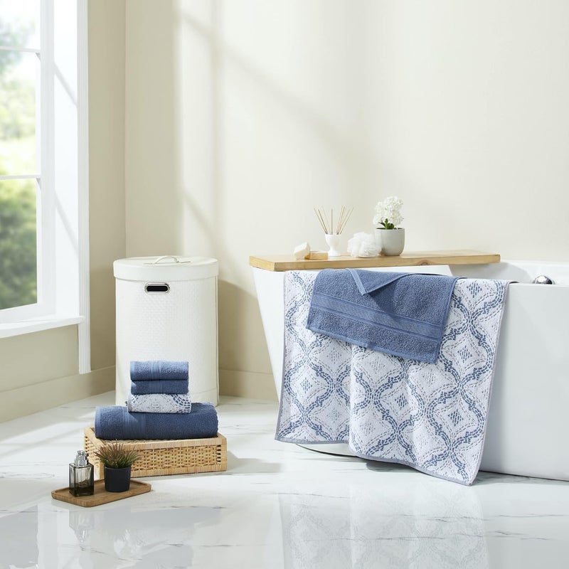 Modern Threads Capri 6-Piece Reversible Yarn Dyed Jacquard Towel Set - Bath Towels, Hand Towels, & Washcloths - Super Absorbent & Quick Dry - 100% Combed Cotton, Denim - Image 2