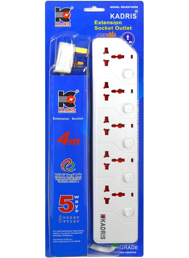KADRIS - Power Strips KD1605S Heavy Duty Extension Cord with 5 way Outlets with switches, Charging Socket with 4 meter Heat resistant  Extension Cord (White) - Image 1