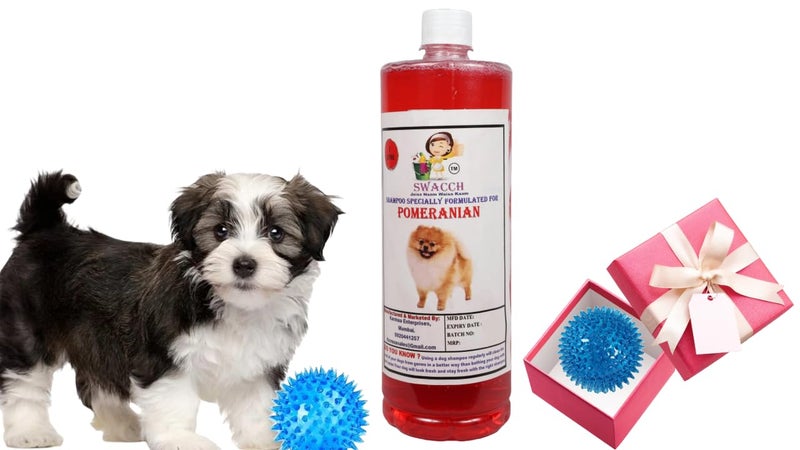swacch Shampoo | Puppy Safe Shampoo | PH Balanced | Ditch to Itch for Pomeranian Dog Shampoo 1 Litre (Jasmine) + Spike Ball Chew Toy Combo Pack - Image 1