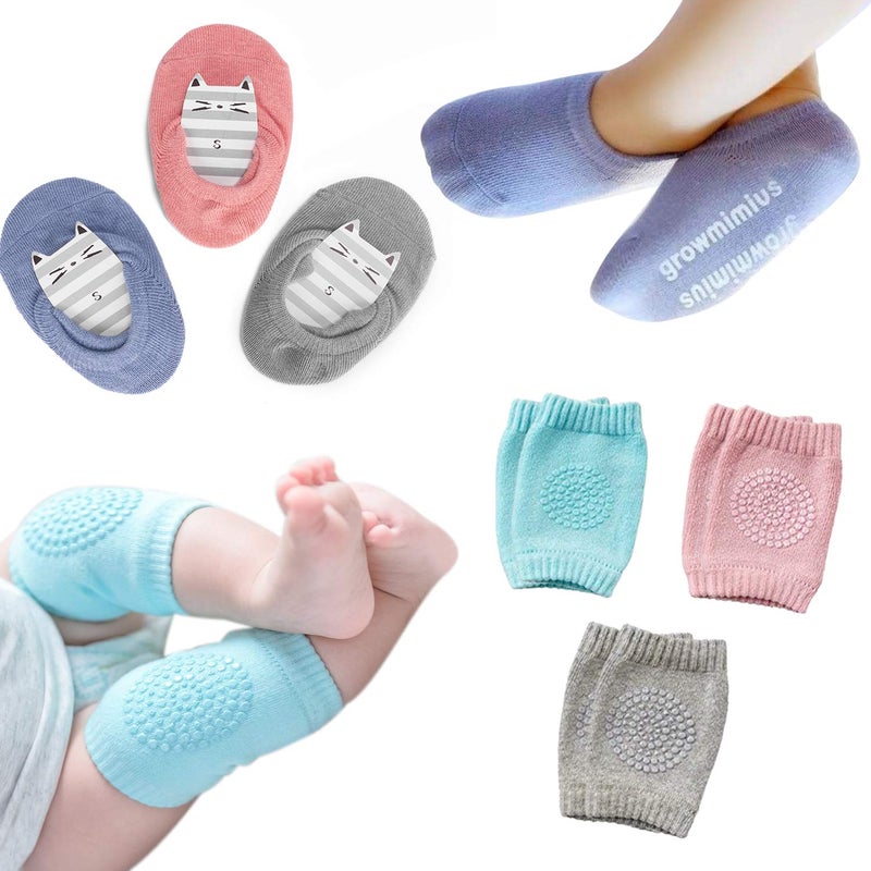 BOSONER Baby Crawling Anti-Slip Knee and Socks for Boys And Girls Best Infant Gift, Unisex Baby Toddlers Kneepads (Blue Pink Grey) 6-24 Months - Image 1