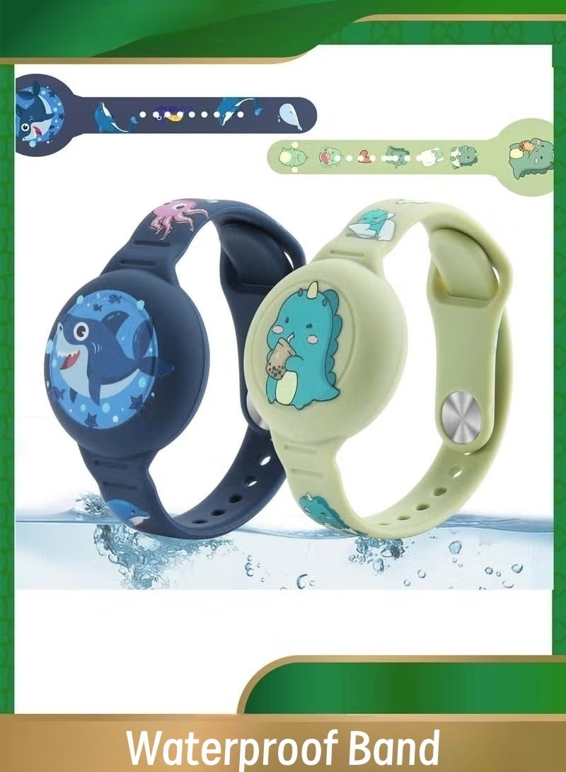 joybuy 2 Pack AirTag Waterproof Bands, Compatible with Apple AirTag Cartoon Pattern, GPS Protective Cover, Green Dinosaur/Blue Shark - Image 1
