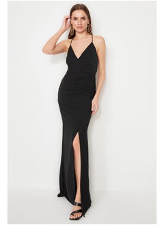 Black Lined Wenge Chiffon Long Evening Dress TPRSS22AE0012