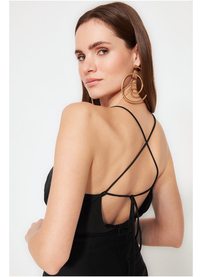 trendyol - Black Lined Wenge Chiffon Long Evening Dress TPRSS22AE0012 - Image 1