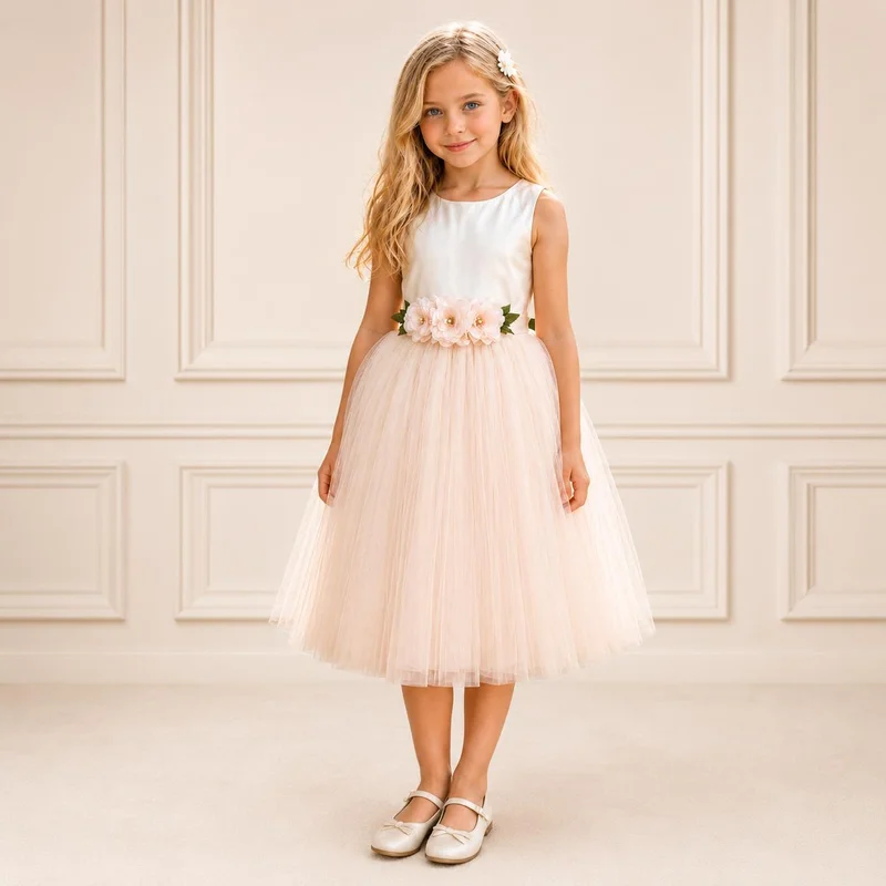 فيا بامبينو Blush Floral-Waist Tulle Dress 5721