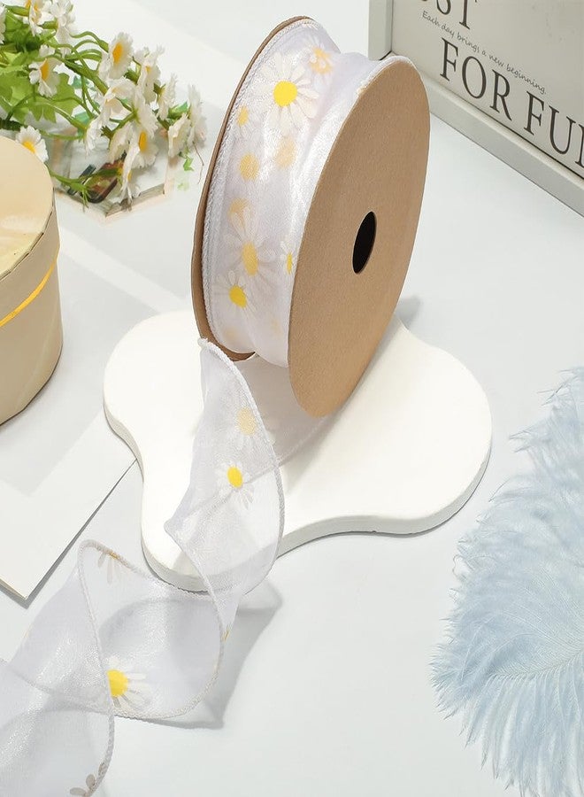CABODYALS 10 Yards 1 5/8 Inch White Daisy Trim Floral Print Organza Ribbon Spring Sun Flower Transparent Sheer Printed Ribbons Bulk with Spool for Sewing Making Crafts Gift Wrapping Wedding Christmas - Image 3