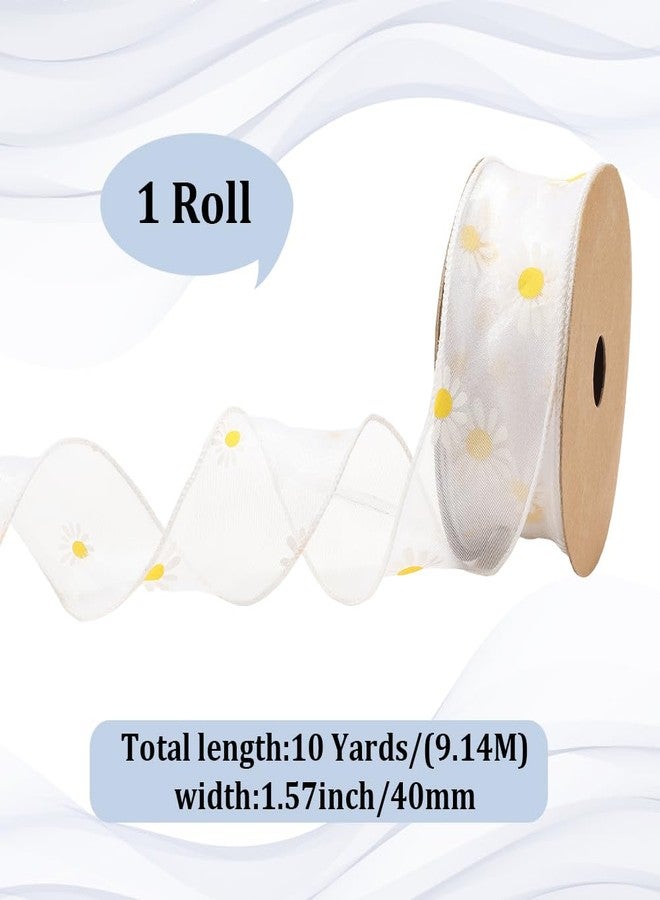 CABODYALS 10 Yards 1 5/8 Inch White Daisy Trim Floral Print Organza Ribbon Spring Sun Flower Transparent Sheer Printed Ribbons Bulk with Spool for Sewing Making Crafts Gift Wrapping Wedding Christmas - Image 2
