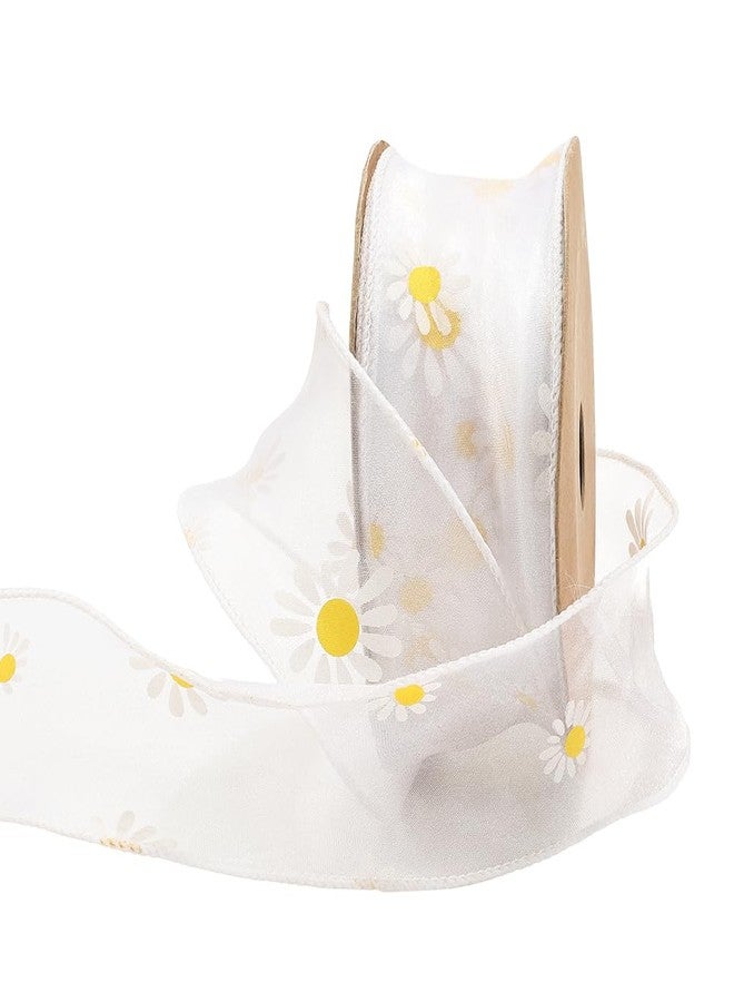 CABODYALS 10 Yards 1 5/8 Inch White Daisy Trim Floral Print Organza Ribbon Spring Sun Flower Transparent Sheer Printed Ribbons Bulk with Spool for Sewing Making Crafts Gift Wrapping Wedding Christmas - Image 1