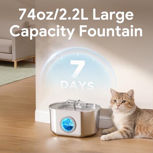 Neareal Cat Water Fountain Stainless Steel - Pet Drinking Fountain for Cats Indoor - 2.2L/74oz Automatic Water Dispenser with Watering Level Window (1 Filter) - Image 2