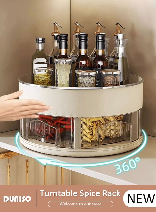 DUNISO Lazy Susan Organizer Turntable Spice Rack, 2 Tier Clear Rotating Turntable Organizer with Divider drawers, 360° Rotating Storage Rack,Rotating Lazy Susan Turntable for Fridge, Pantry, Cabinet, Table, Makeup, Bathroom  - Image 1