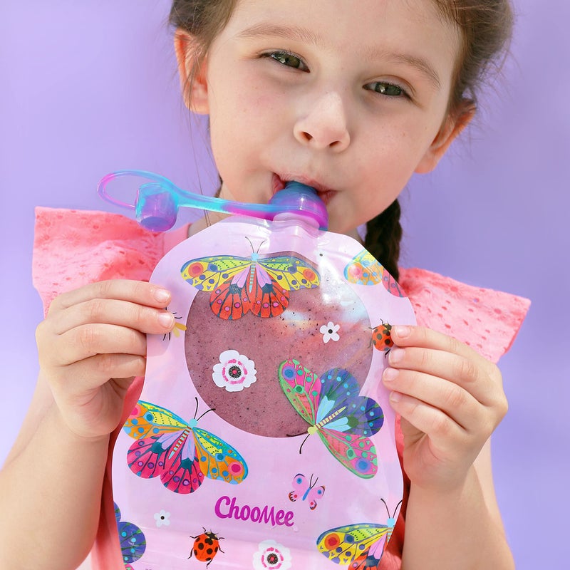 ChooMee Reusable Baby Food Storage Pouches | BPA Free Leakproof Toddler Squeeze Pouch for Smoothies, Purees & Baby Food | Refillable, Double Zipper, Easy Clean, Wide Bottom | 6CT, 8oz FlutterBug - Image 5