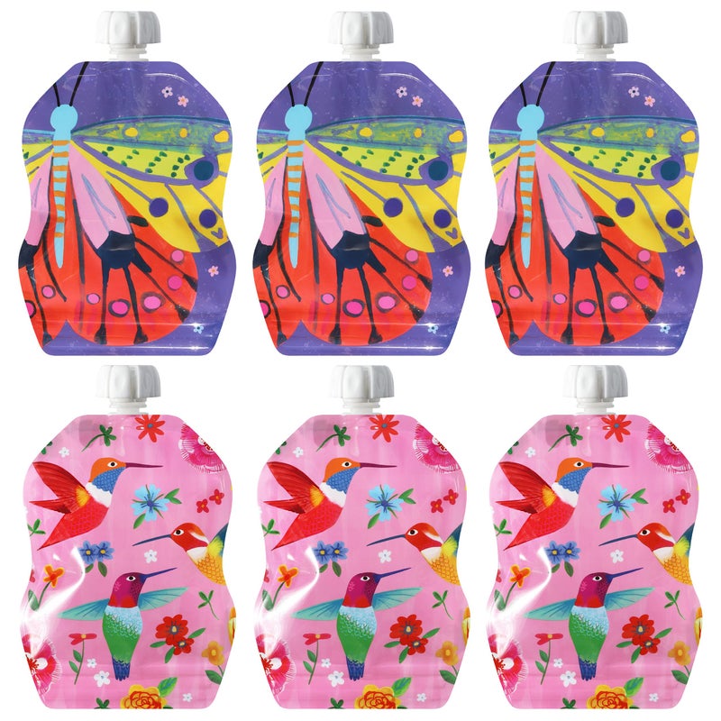 ChooMee Reusable Baby Food Storage Pouches | BPA Free Leakproof Toddler Squeeze Pouch for Smoothies, Purees & Baby Food | Refillable, Double Zipper, Easy Clean, Wide Bottom | 6CT, 8oz FlutterBug - Image 1