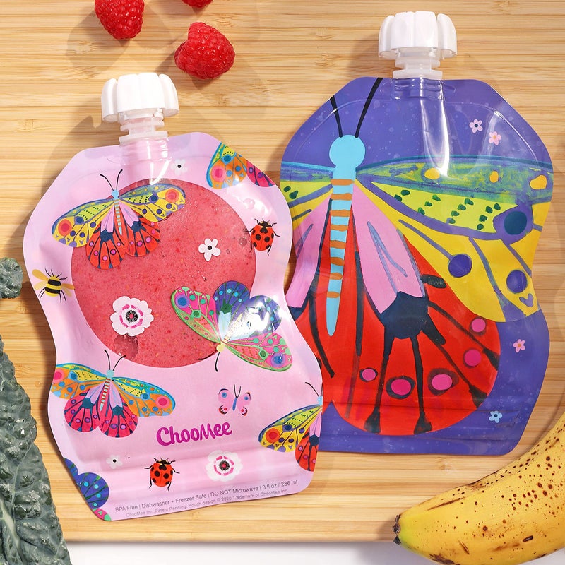 ChooMee Reusable Baby Food Storage Pouches | BPA Free Leakproof Toddler Squeeze Pouch for Smoothies, Purees & Baby Food | Refillable, Double Zipper, Easy Clean, Wide Bottom | 6CT, 8oz FlutterBug - Image 4