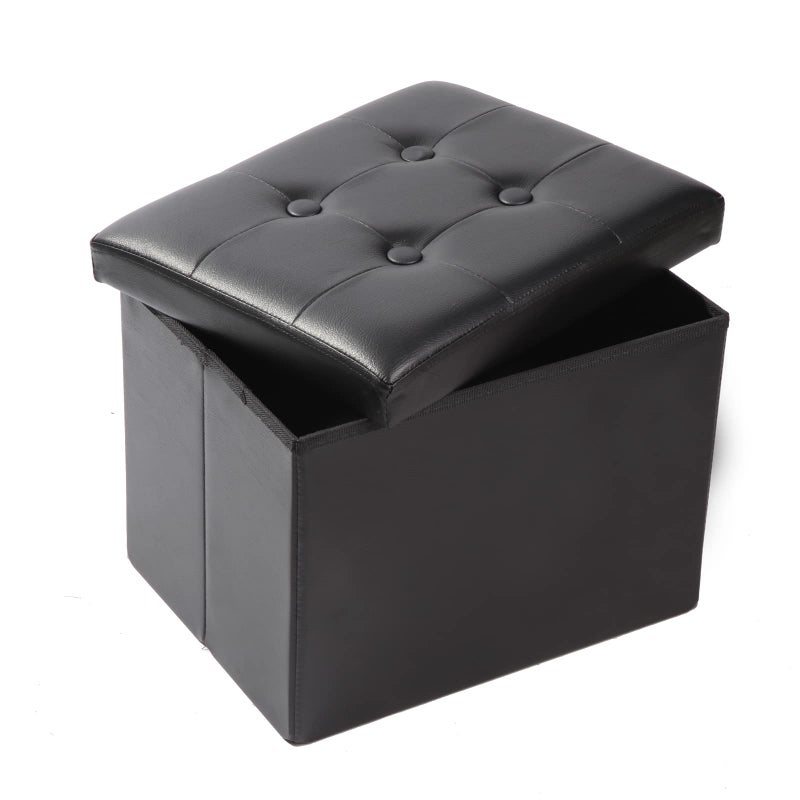 ALASDO Storage Ottoman Footrest Stool Small Ottoman with Storage Foldable Ottoman Leather Foot Rest Footstool Bench for Living Room 17x13x13inches Black - Image 1