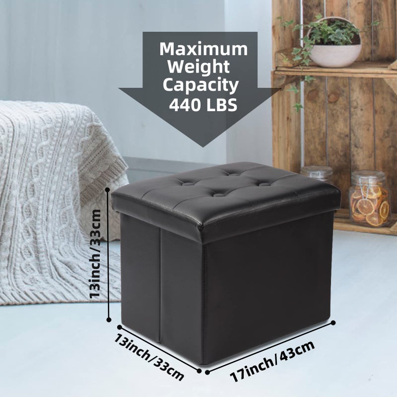 ALASDO Storage Ottoman Footrest Stool Small Ottoman with Storage Foldable Ottoman Leather Foot Rest Footstool Bench for Living Room 17x13x13inches Black - Image 2