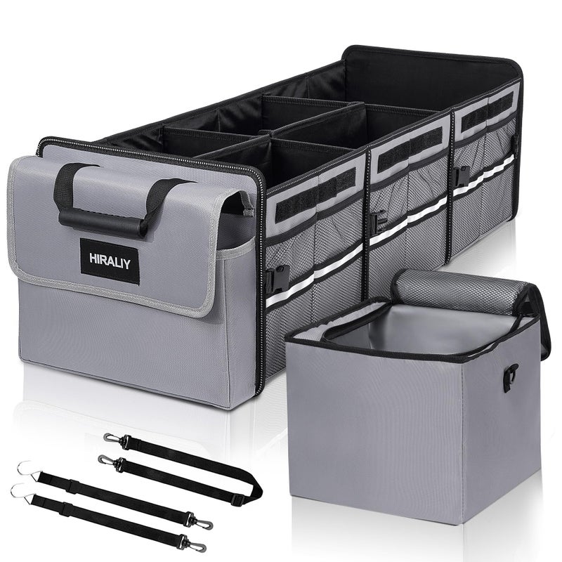 HIRALIY 4 in 1 Car Trunk Storage Organizer Multi Compartment Foldable Trunk Storage Box with Leakproof Insulated Bag for Car Truck SUV