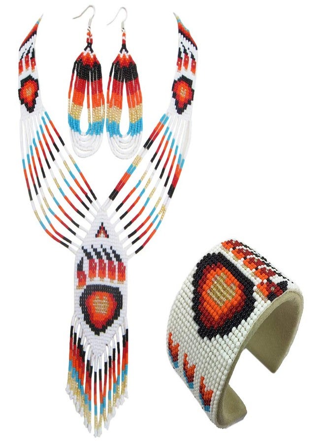 BeadsCorner Handmade Beaded Jewelry Set White Red Necklace Earrings Bracelet (Red Bear Paw) - Image 1