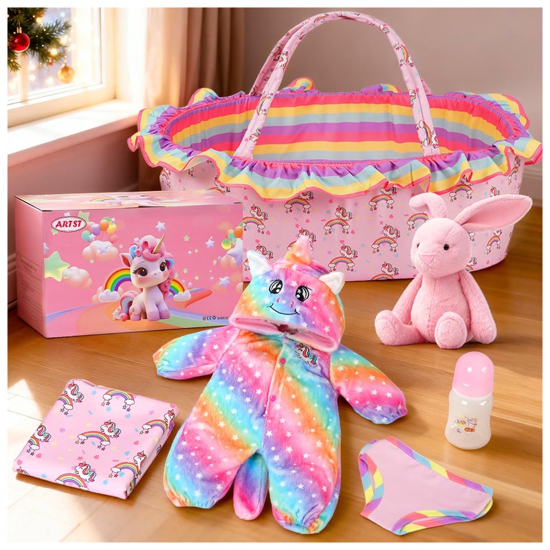 ARTST Reborn Baby Doll Accessories with Bassinet Rainbow Unicorn Doll Clothes Outfit Set for 1722 inch Newborn BabiesValentines Gift for 312 Girls BoysNO Doll - Image 3