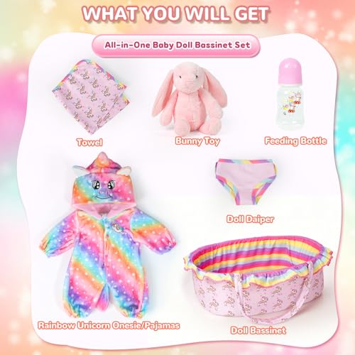 ARTST Reborn Baby Doll Accessories with Bassinet Rainbow Unicorn Doll Clothes Outfit Set for 1722 inch Newborn BabiesValentines Gift for 312 Girls BoysNO Doll - Image 5