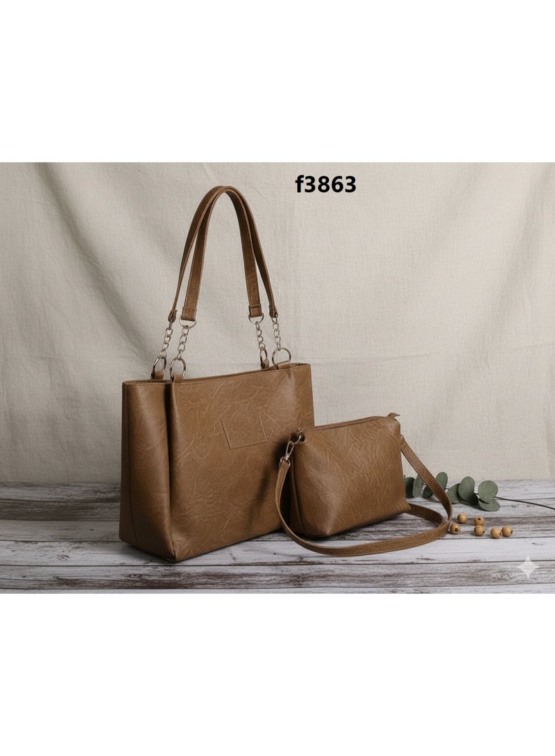 Women Handbag & Crossbody Bag Set | Soft Faux Leather Tote with Matching Shoulder Pouch | Stylish Daily Purse for Work & Shopping,F3863 Mimi Lady (Cafe) - Image 2