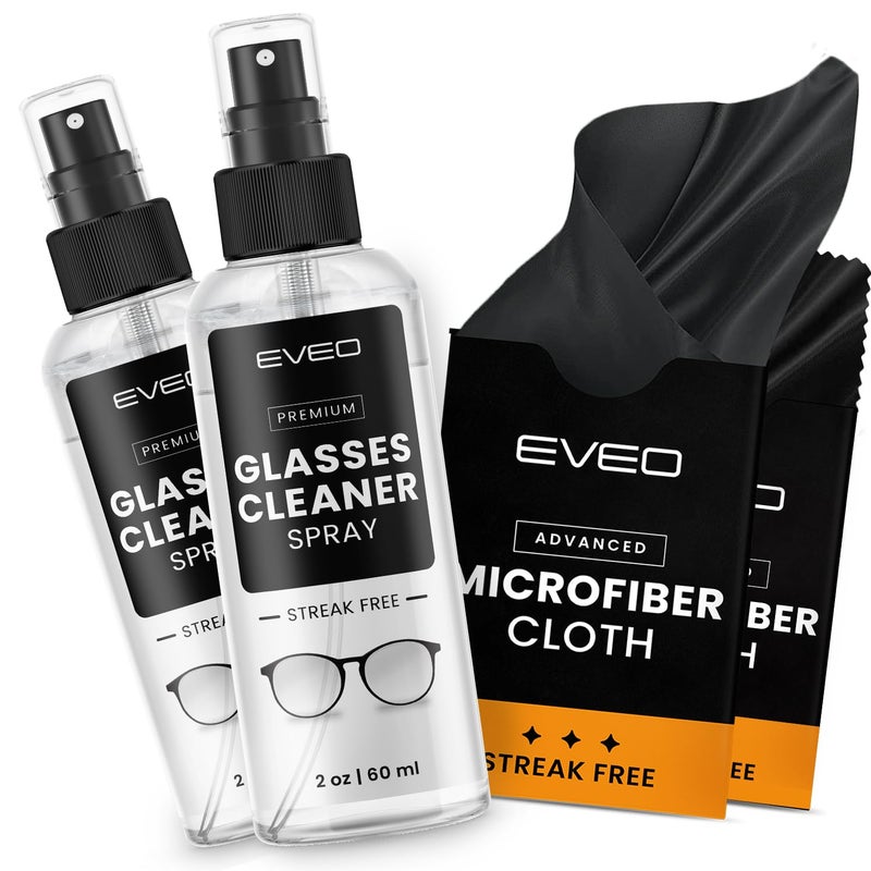 EVEO Glasses Cleaner Spray - Eyeglass Cleaner (No Streaks)| x2 Eye Glass Cleaners Spray + x2 Lens Cleaner Microfiber Cleaning Cloth, Glasses Cleaning Kit Eye Glasses Cleaner Spray & Cloth - 4oz(2ozx2) - Image 1