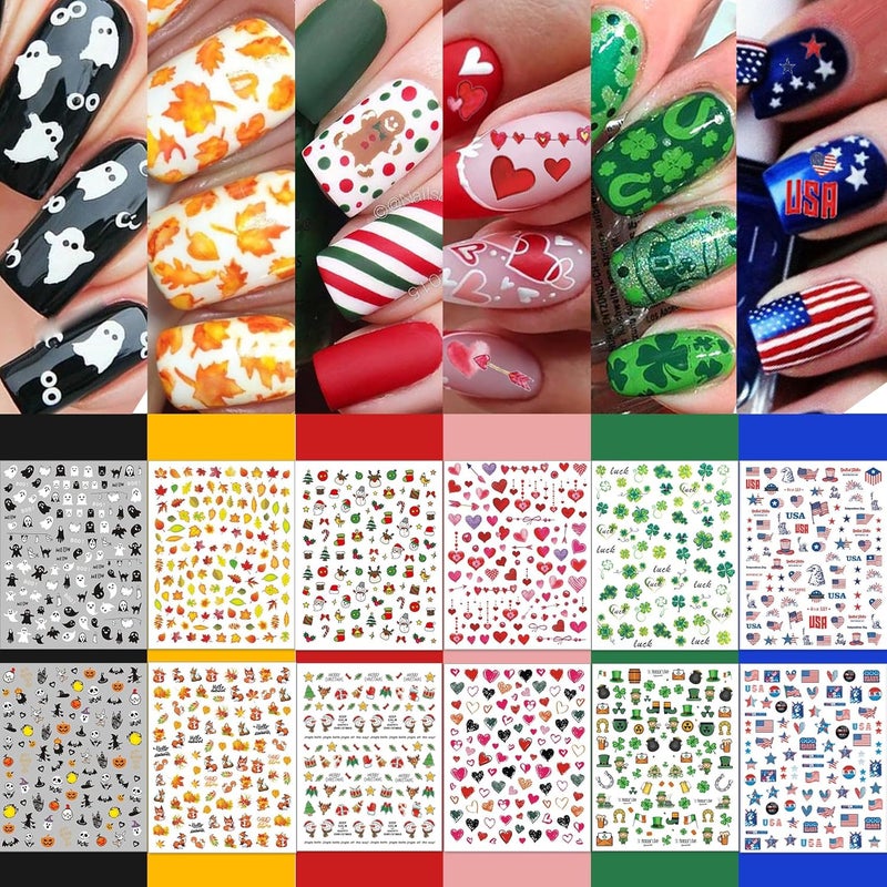TailaiMei 30 Sheet All Holidays Nail Art Stickers, Christmas Mixed Seasons Variety Pack for Valentine's Day Halloween Fall Nail Decals, Self-Adhesive Year-Round Thanksgiving Nail Decorations