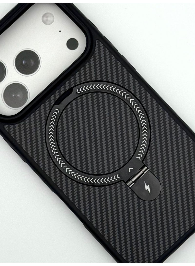حافظة فاخرة بتصميم ألياف الكربون لجهاز iPhone 17 Pro - متوافقة مع MagSafe مع حامل قابل للطي مدمج وحامل حلقة - غلاف واقي رقيق مضاد للصدمات غير لامع - Image 4