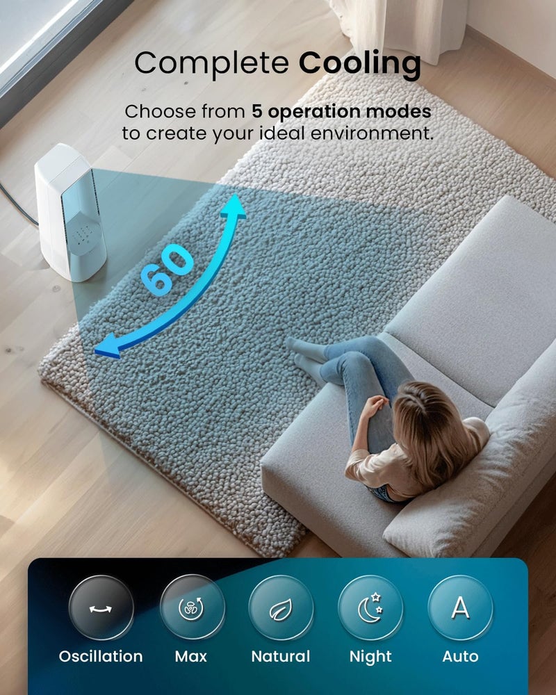 Pro Breeze 40" Smart Bladeless Tower Fan with DC Motor - WiFi - Ultra-Quiet with Remote Control, LED Display, 6 Fan Speeds, 5 Operation Modes, 60° Oscillation - White - Image 5