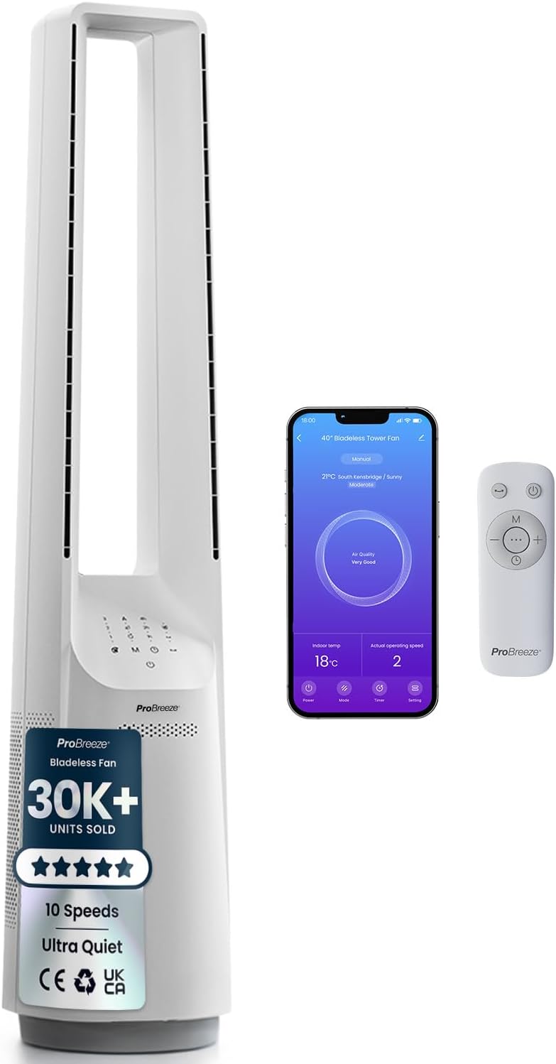 Pro Breeze 40" Smart Bladeless Tower Fan with DC Motor - WiFi - Ultra-Quiet with Remote Control, LED Display, 6 Fan Speeds, 5 Operation Modes, 60° Oscillation - White - Image 1