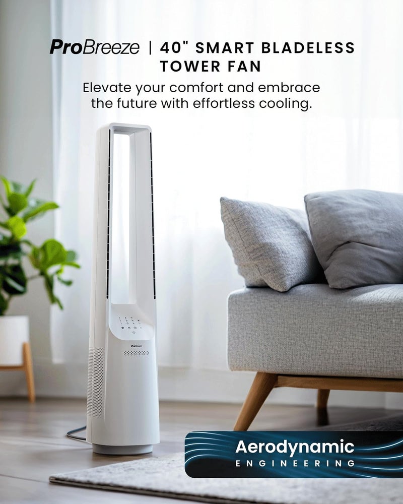 Pro Breeze 40" Smart Bladeless Tower Fan with DC Motor - WiFi - Ultra-Quiet with Remote Control, LED Display, 6 Fan Speeds, 5 Operation Modes, 60° Oscillation - White - Image 2