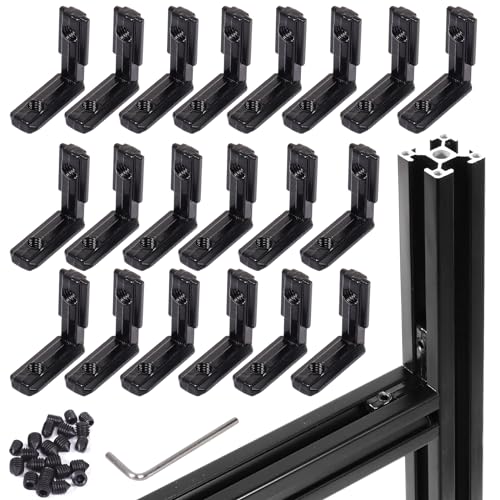 tchrules 20pcs 2020 Extrusion 20 Series Corner Bracket Connector Black T-Slot L-Shape Interior Joint for Aluminum Profile Slot Connector Set 6mm with Screws&Wrench - Image 1
